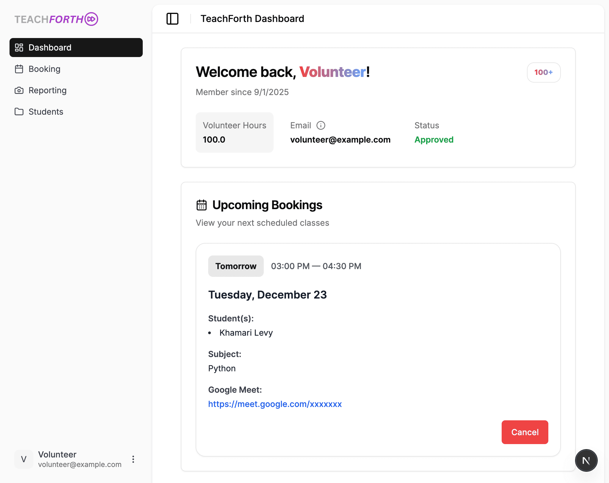 TeachForth Volunteer Dashboard